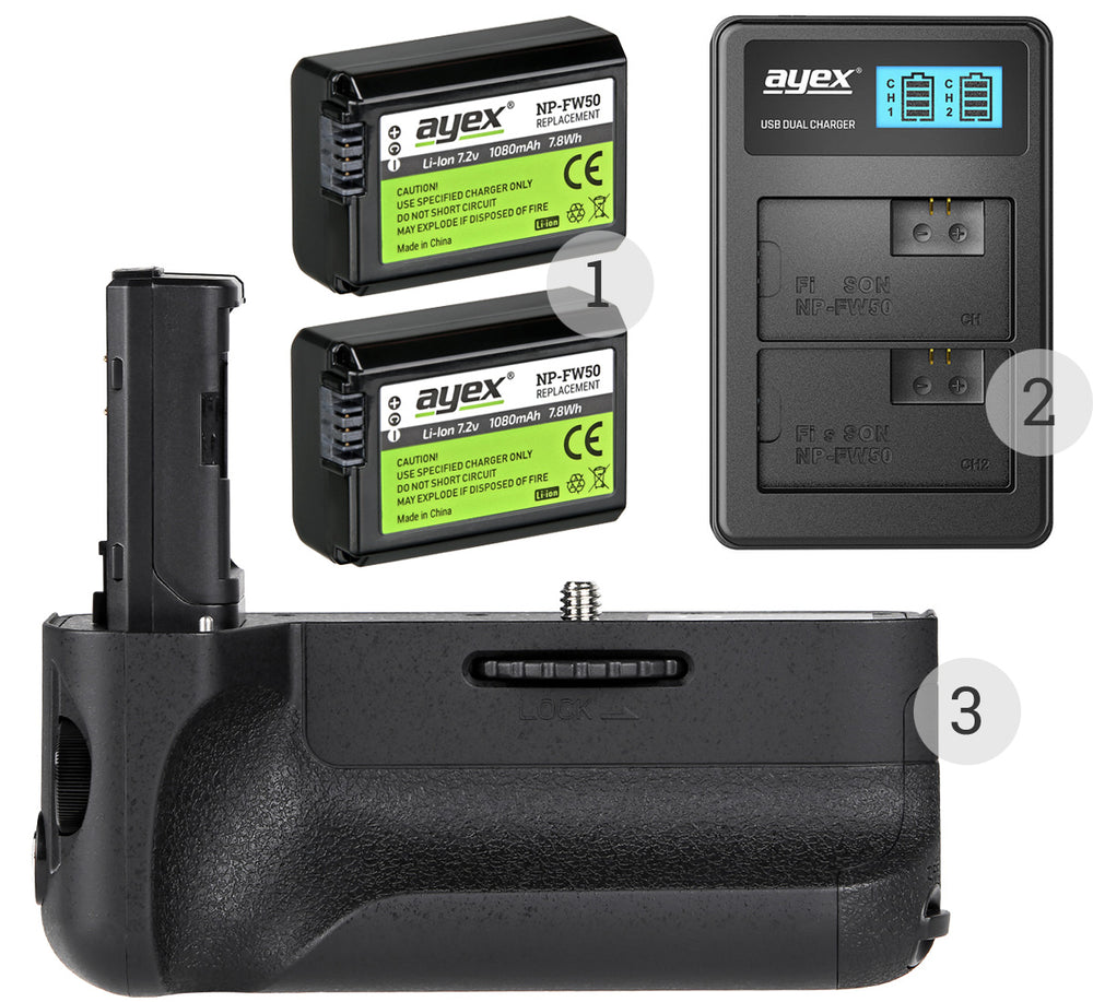 Batteriegriff Set für Sony Alpha A7II A7RII A7SII + 2x NP-FW50 Akku + 1x USB Dual Ladegerät