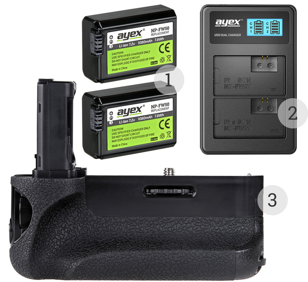 Batteriegriff Set für Sony Alpha A7 A7R A7S + 2x NP-FW50 Akku + 1x USB Dual Ladegerät