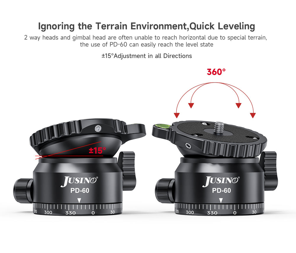JUSINO Stativ-Nivellierbasis Neigekopf mit 360° Panorama-Funktion und ±15° Neigung PD-60