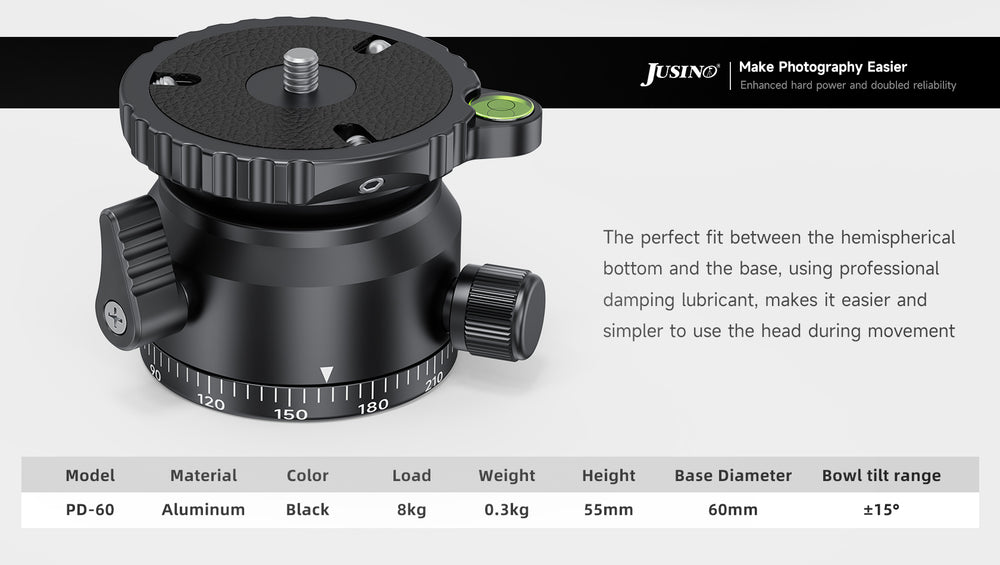 JUSINO Stativ-Nivellierbasis Neigekopf mit 360° Panorama-Funktion und ±15° Neigung PD-60
