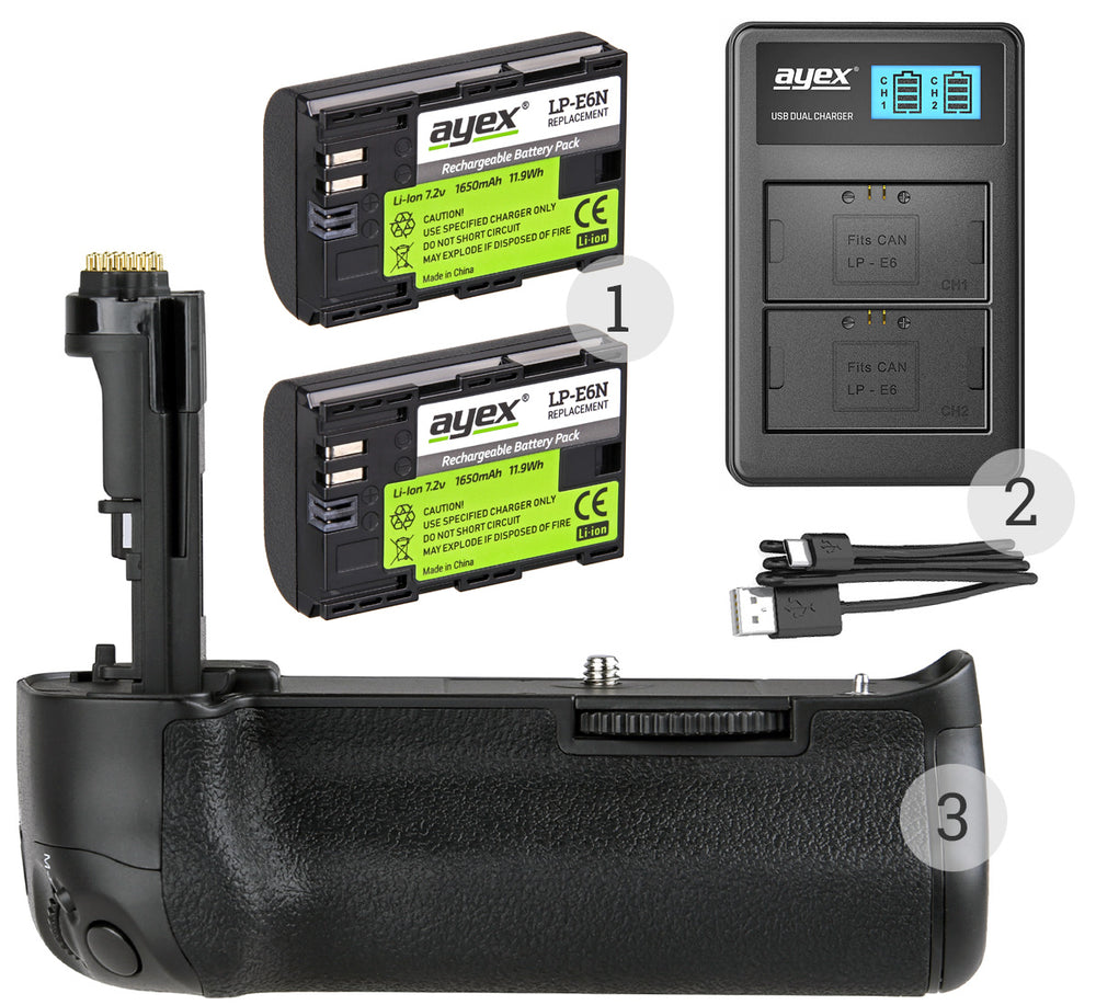 Batteriegriff Set für Canon EOS 5D Mark III + 2x LP-E6N Akku + 1x USB Dual Ladegerät wie BG-E11