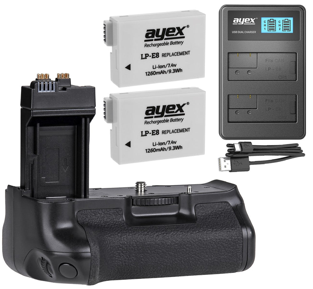 Batteriegriff Set für Canon EOS 700D 650D 600D 550D + 2x LP-E8 Akku + 1x USB Dual Ladegerät