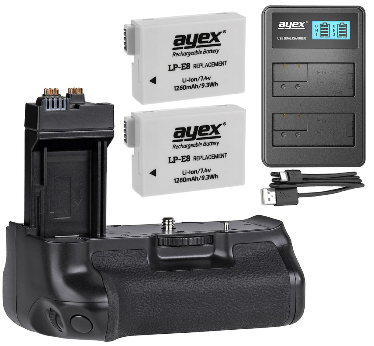 Batteriegriff Set für Canon EOS 700D 650D 600D 550D + 2x LP-E8 Akku + 1x USB Dual Ladegerät