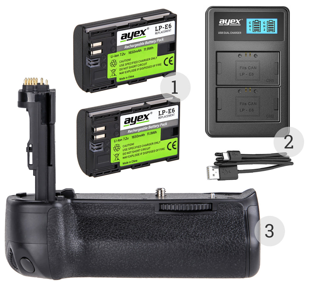 Batteriegriff Set für Canon EOS 6D + 2x LP-E6N Akku + 1x USB Dual Ladegerät wie BG-E13