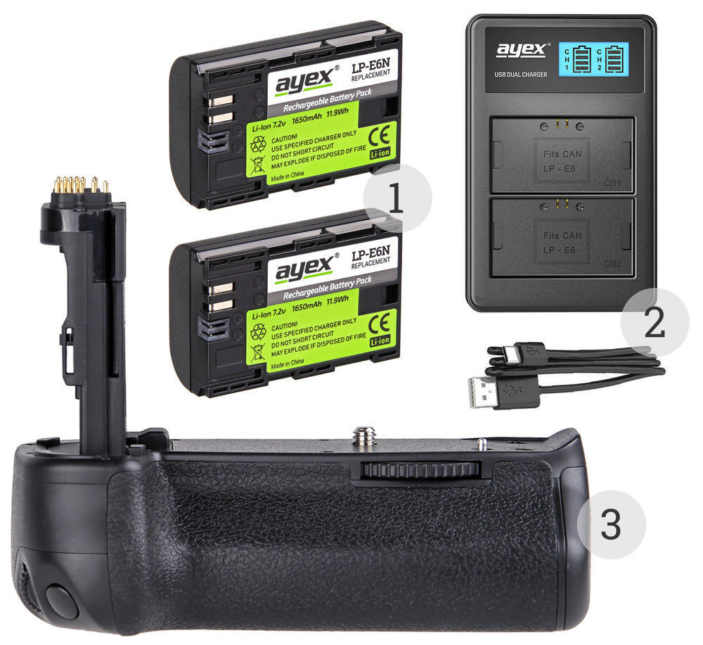 Batteriegriff Set für Canon EOS 6D Mark II wie BG-E21 + 2x LP-E6N Akku + 1x USB Dual Ladegerät
