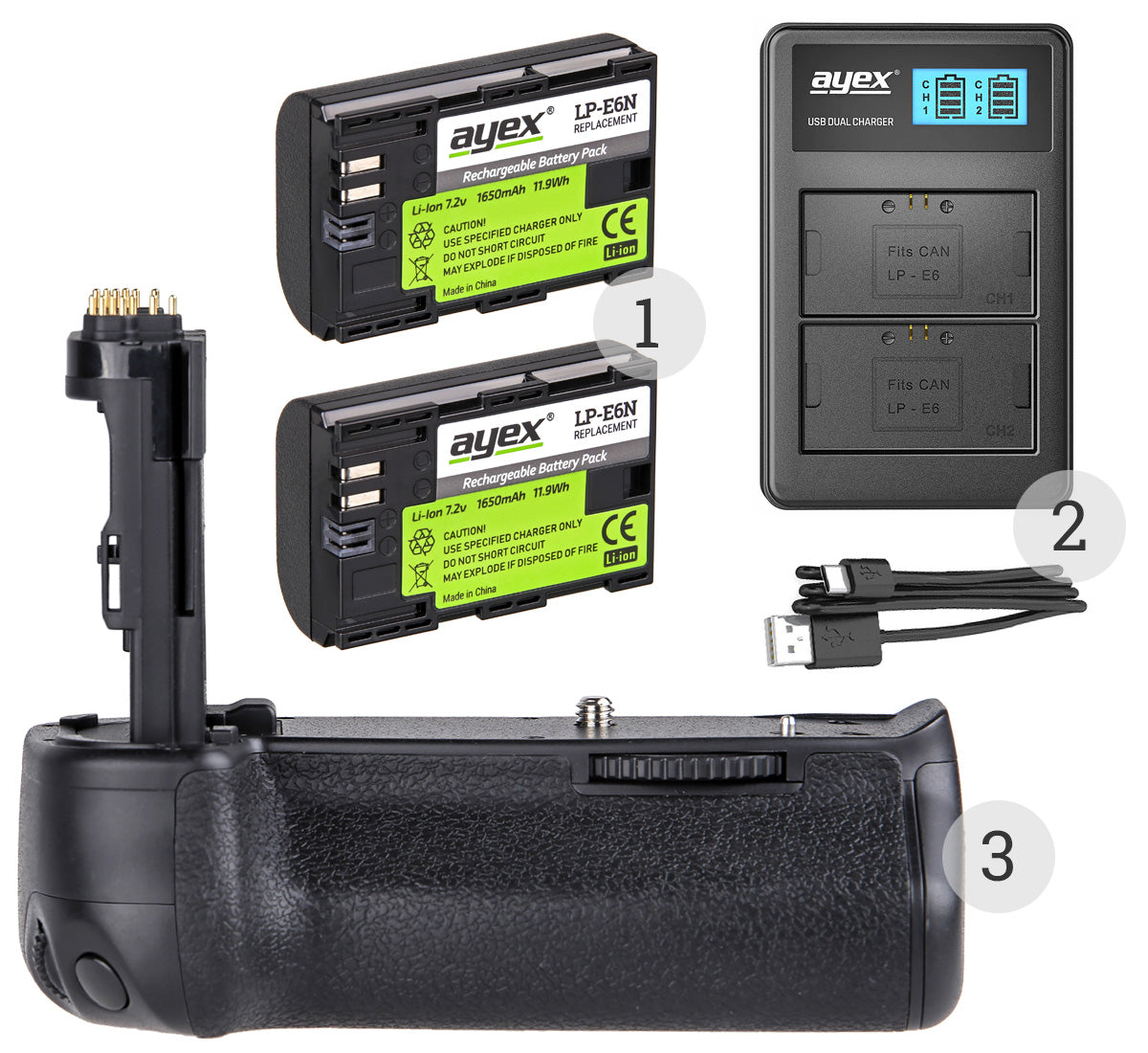 Batteriegriff Set für Canon EOS 6D Mark II wie BG-E21 + 2x LP-E6N Akku + 1x USB Dual Ladegerät