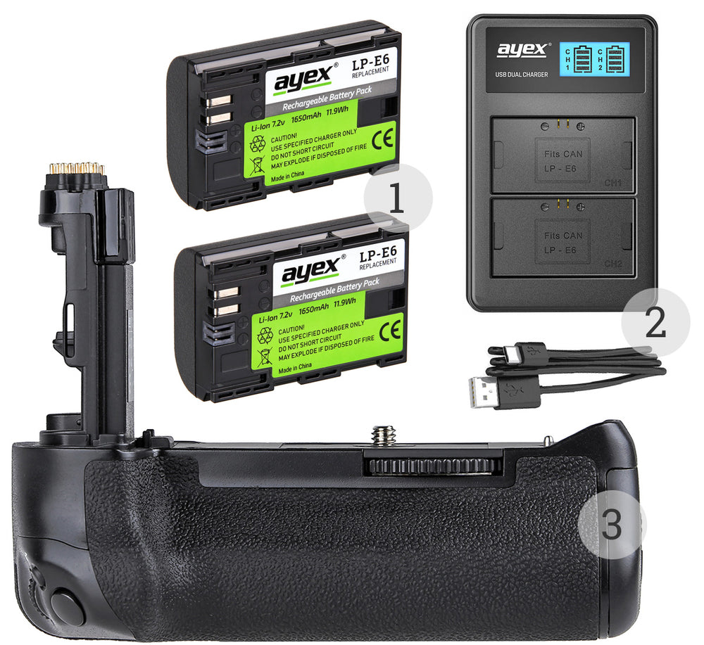 Batteriegriff Set für Canon EOS 7D Mark II wie BG-E16 + 2x LP-E6N Akku + 1x USB Dual Ladegerät