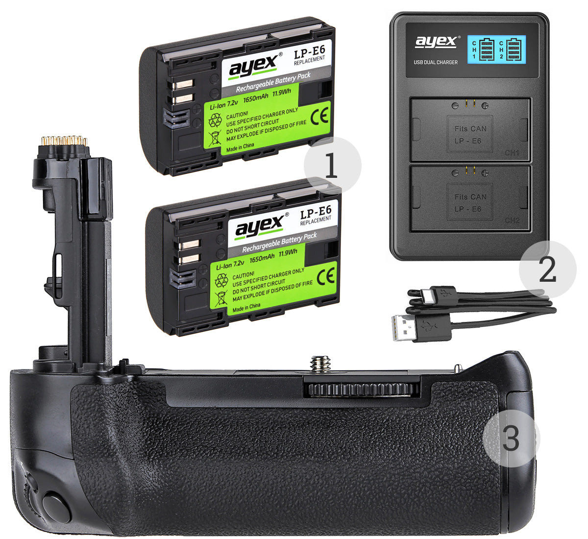 Batteriegriff Set für Canon EOS 7D Mark II wie BG-E16 + 2x LP-E6N Akku + 1x USB Dual Ladegerät