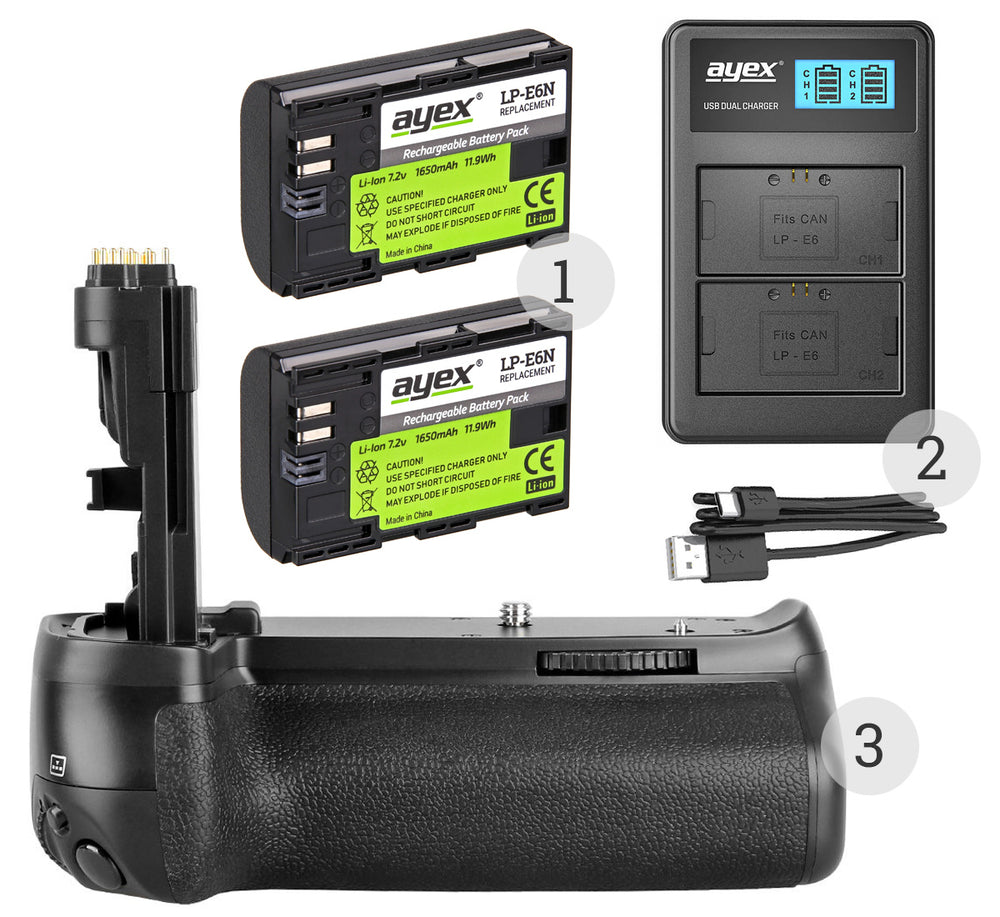 Batteriegriff Set für Canon EOS 90D 80D 70D + 2x LP-E6N Akku + 1x USB Dual Ladegerät wie BG-E14