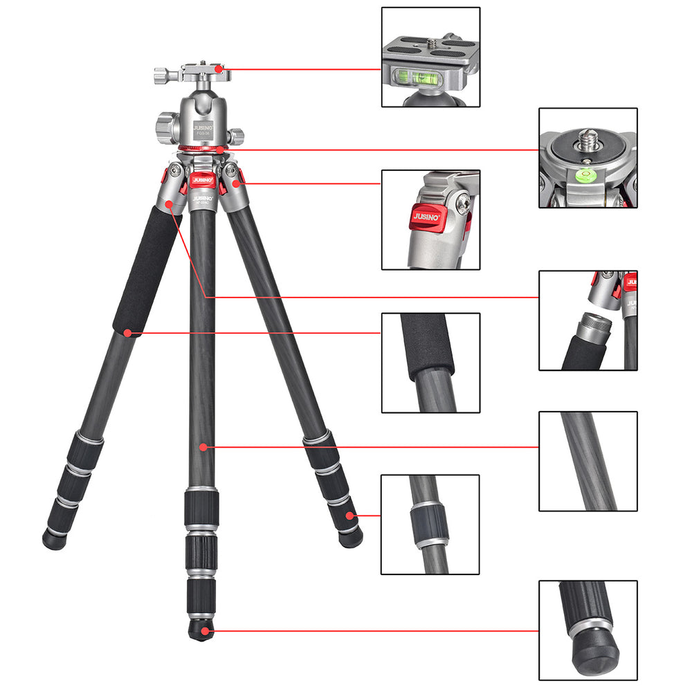 JUSINO Leichtes Karbon Fotostativ mit Kugelkopf Stativ bis 138cm 12kg AF-254C FGS-36