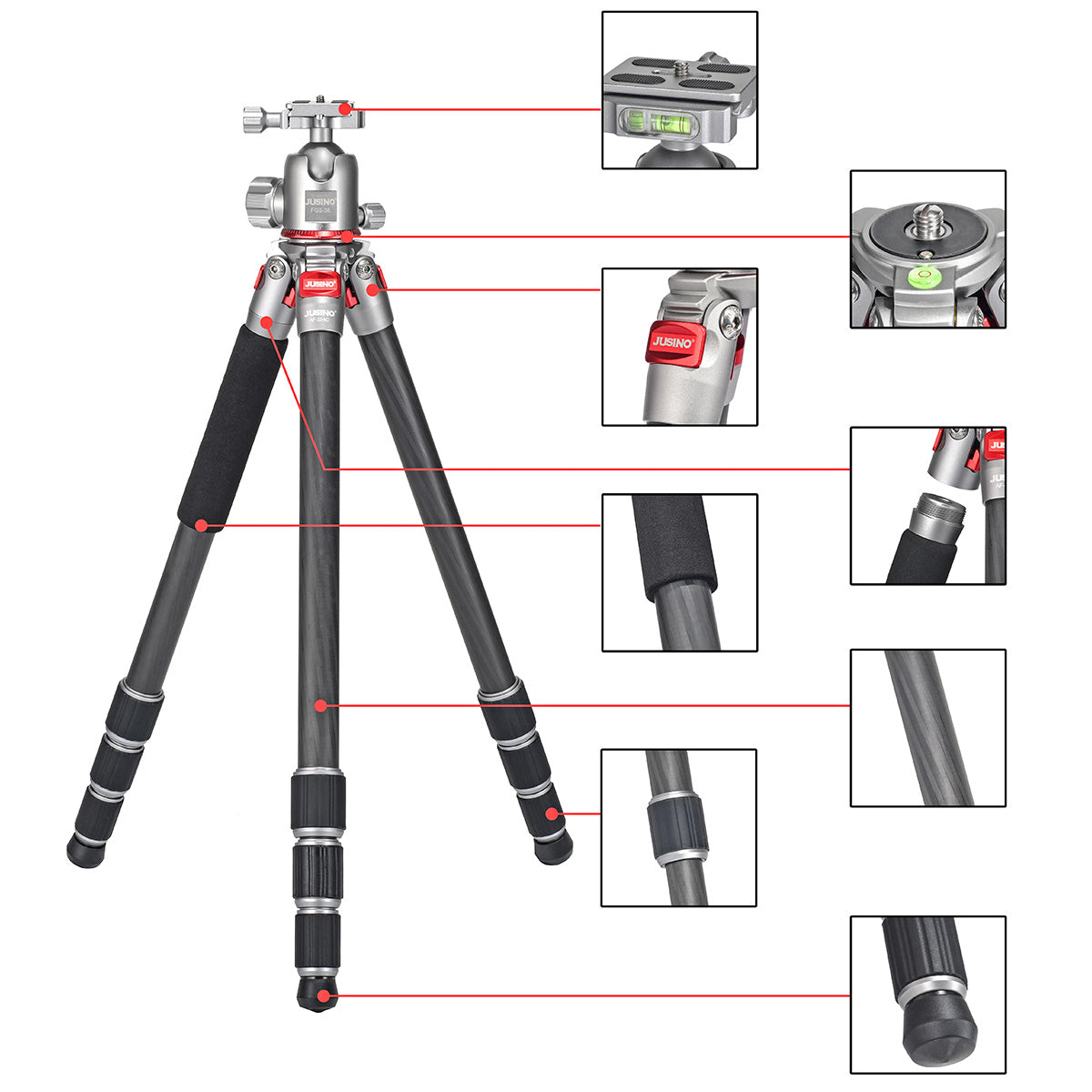 JUSINO Leichtes Karbon Fotostativ mit Kugelkopf Stativ bis 138cm 12kg AF-254C FGS-36