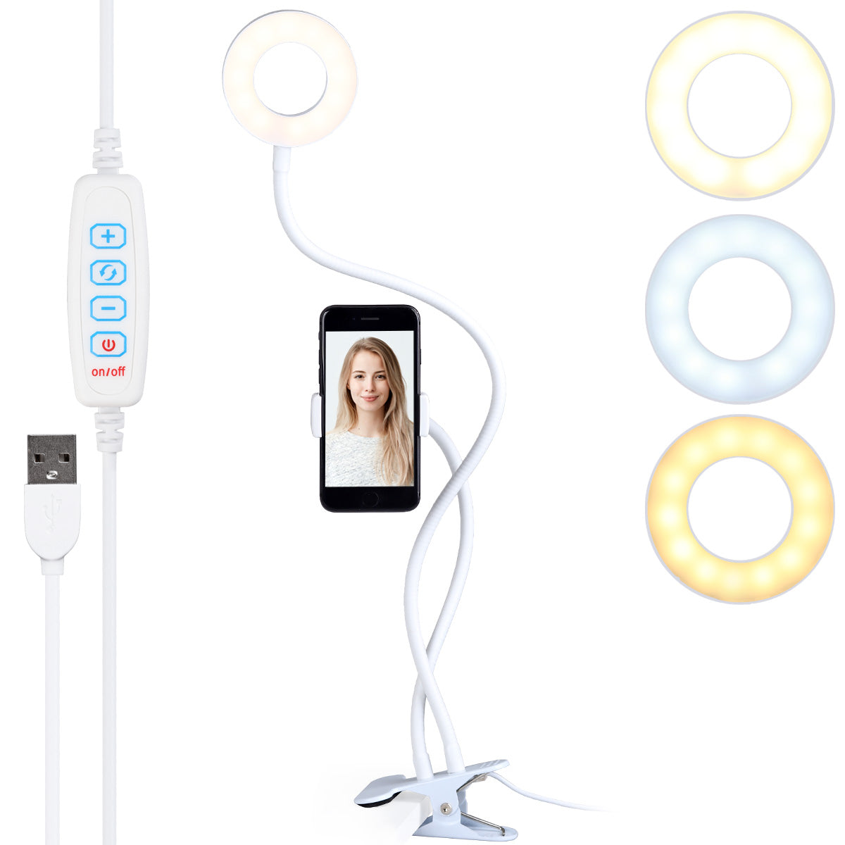 ayex Smartphonehalterung, LED-Licht mit USB - dimmbar, warmes und kaltes Licht (schwarz, weiß)