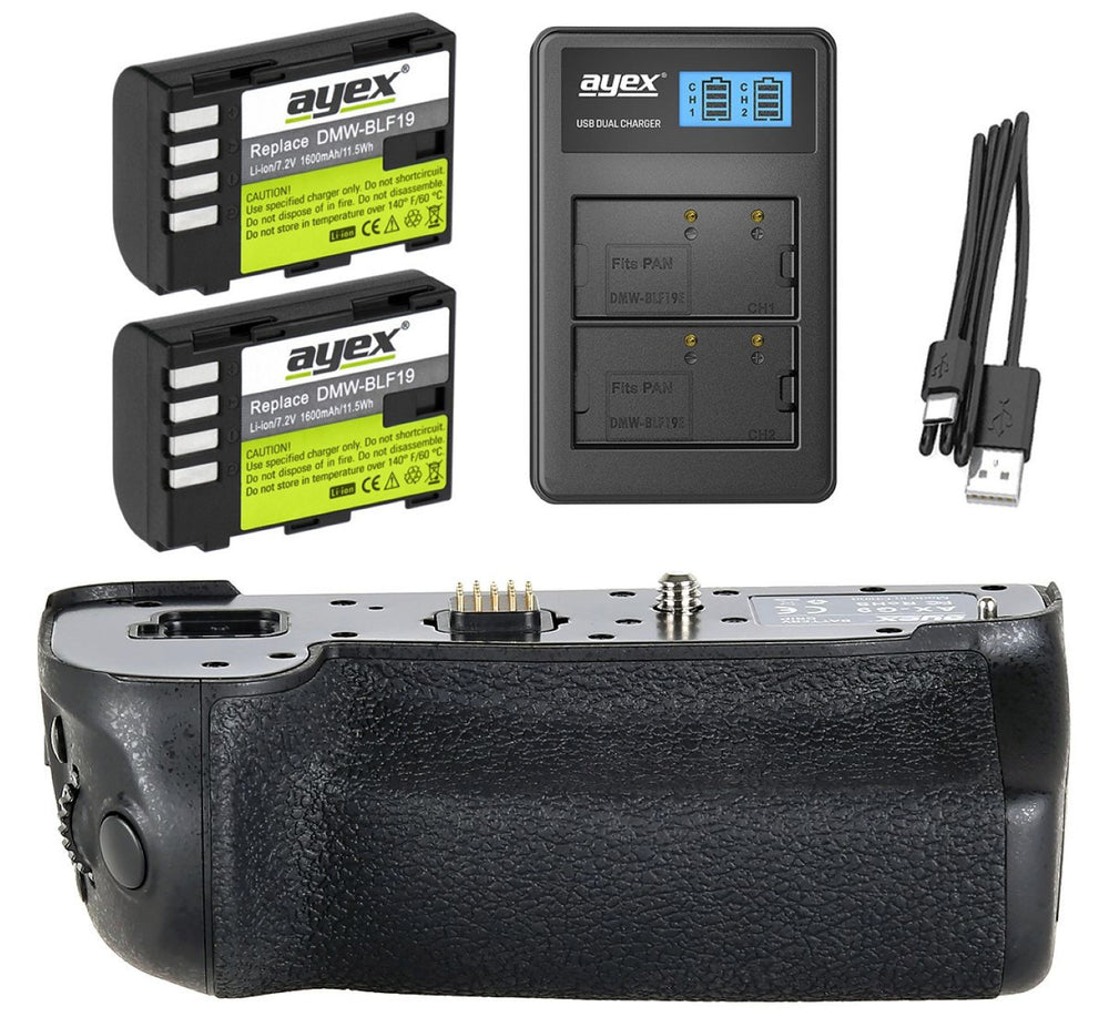Batteriegriff Set für Panasonic Lumix G9 ersetzt DMW-BGG9 + 2x BLF-19E Akkus + USB Dual Ladegerät
