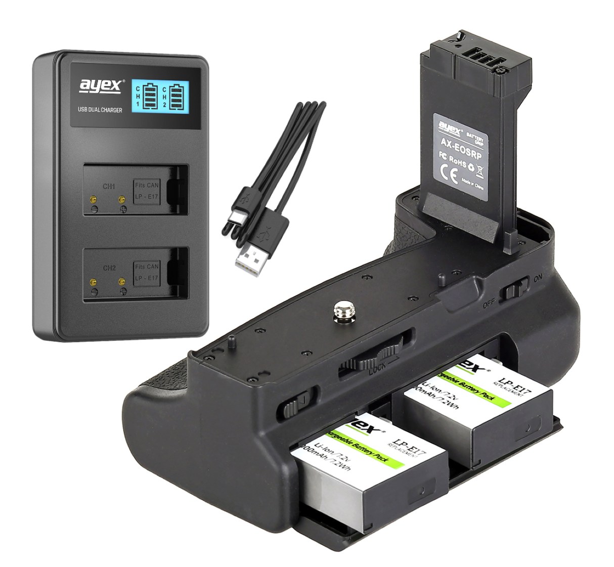 Batteriegriff Set für Canon EOS RP R8 + 2x LP-E17 Akku + 1x USB Dual Ladegerät