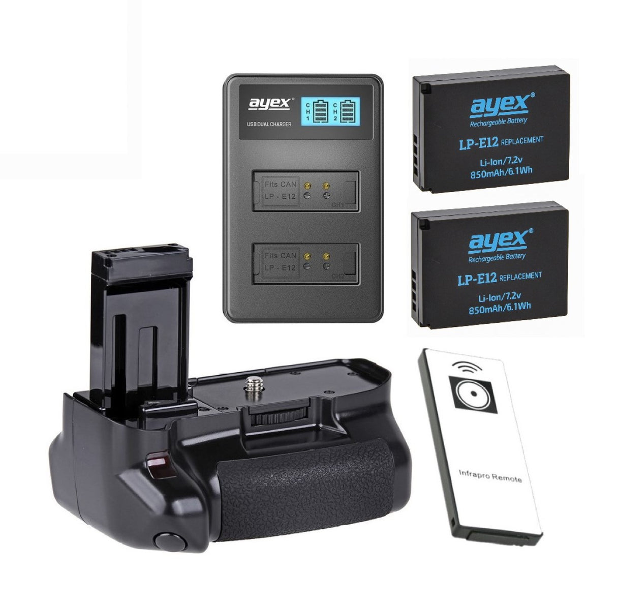 Batteriegriff Set für Canon EOS 100D + IR-Fernauslöser + 2x LP-E12 Akku + 1x USB Dual Ladegerät wie BG-100DH