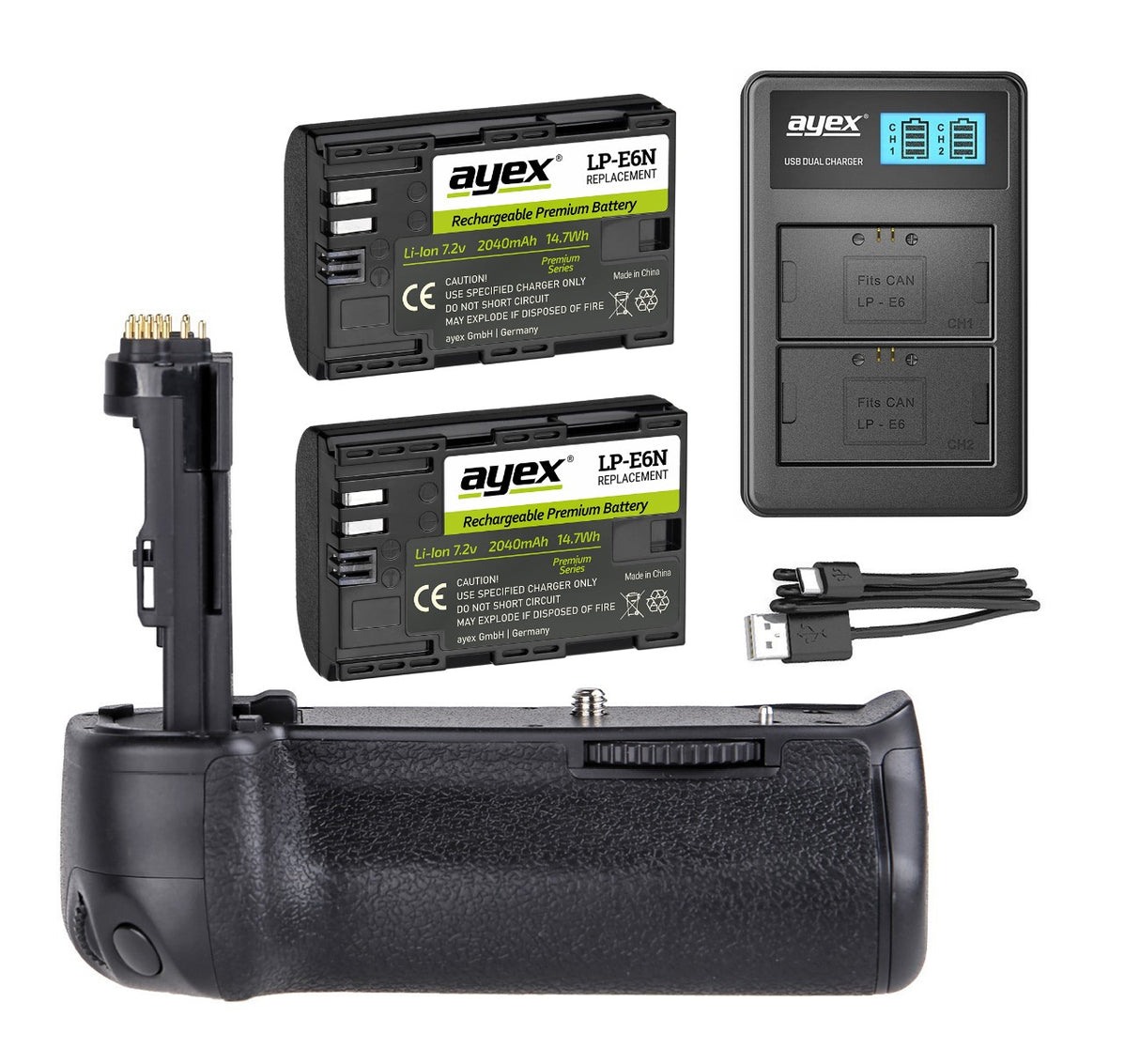 Batteriegriff Set für Canon EOS 6D Mark II wie BG-E21 + 2x LP-E6N Akku + 1x USB Dual Ladegerät