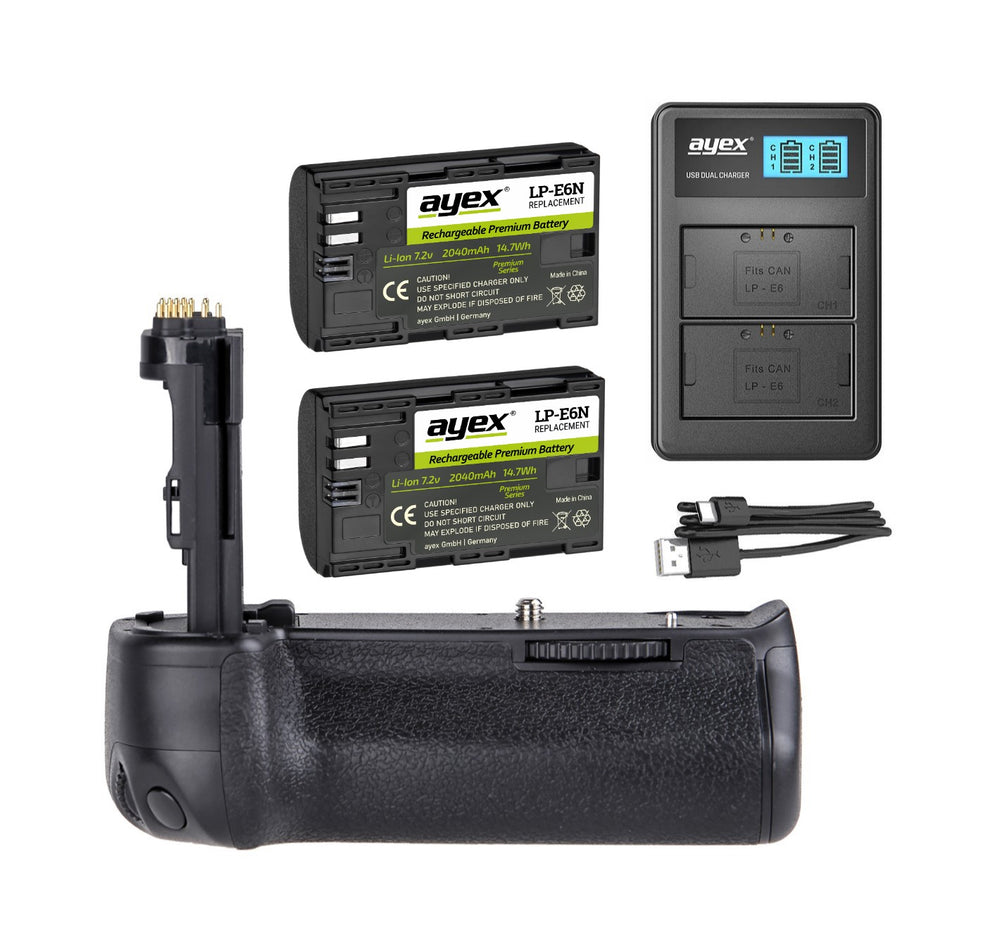 Batteriegriff Set für Canon EOS 7D Mark II wie BG-E16 + 2x LP-E6N Akku + 1x USB Dual Ladegerät