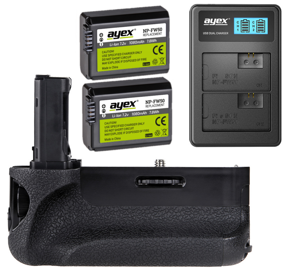 Batteriegriff Set für Sony Alpha A7 A7R A7S + 2x NP-FW50 Akku + 1x USB Dual Ladegerät