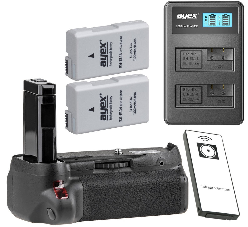 Batteriegriff Set für Nikon D5500 D5600 + IR-Fernauslöser + 2x EN-EL14 Akku + 1x USB Dual Ladegerät