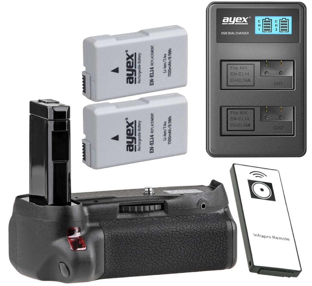 Batteriegriff Set für Nikon D5500 D5600 + IR-Fernauslöser + 2x EN-EL14 Akku + 1x USB Dual Ladegerät