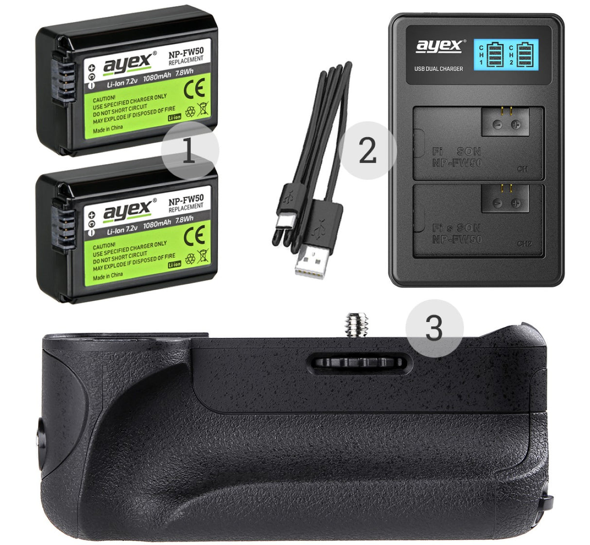 Batteriegriff Set für Sony Alpha A6300 A6000 + 2x NP-FW50 Akku + 1x USB Dual Ladegerät