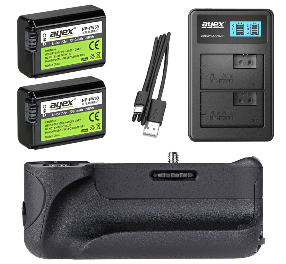 Batteriegriff Set für Sony Alpha A6500 + 2x NP-FW50 Akku + 1x USB Dual Ladegerät