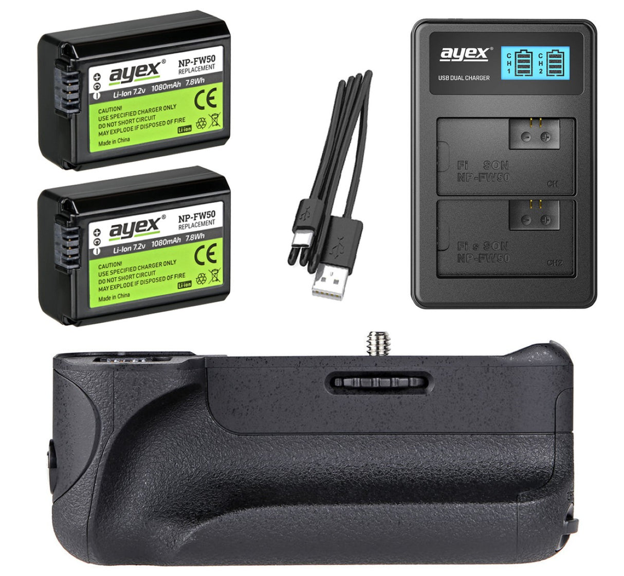 Batteriegriff Set für Sony Alpha A6500 + 2x NP-FW50 Akku + 1x USB Dual Ladegerät
