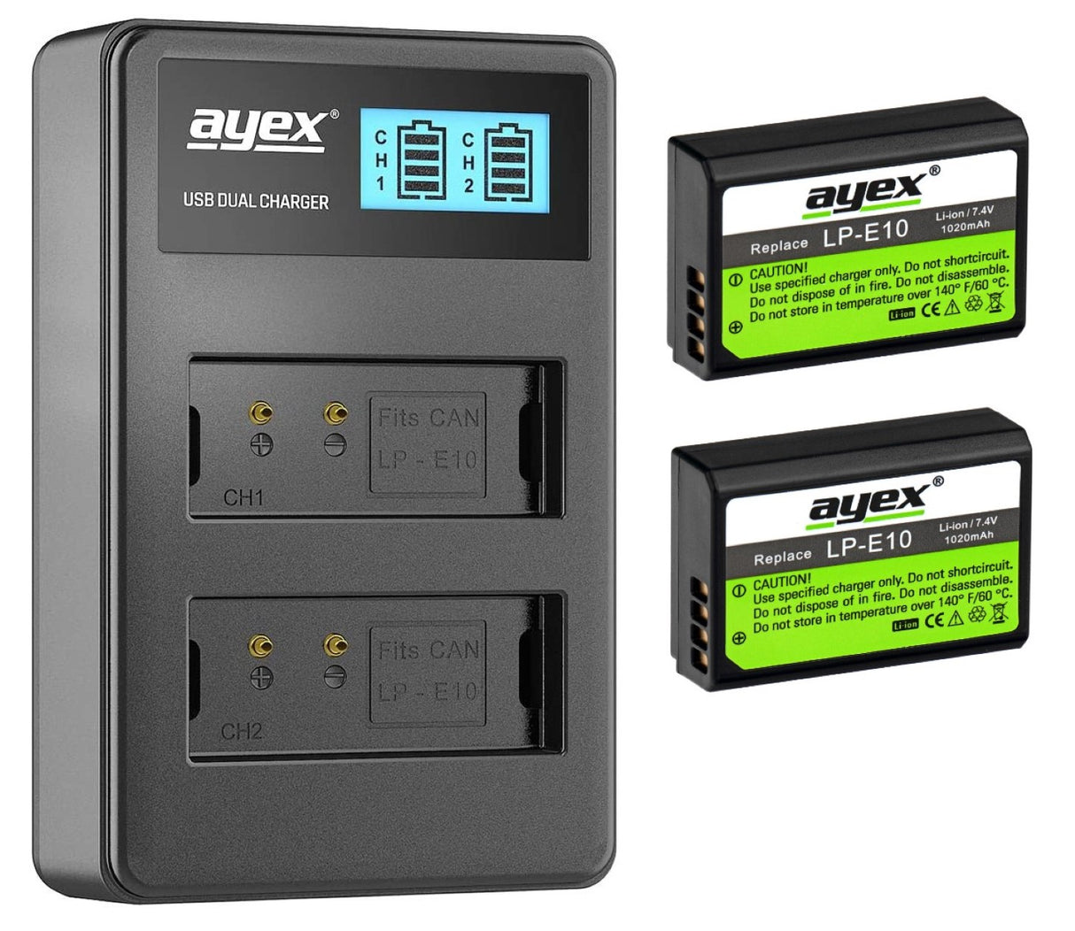 ayex Power Set mit 2x LP-E10 Akku + USB Dual-Ladegerät Für zB Canon EOS 1300D Rebel T3 Kiss X50