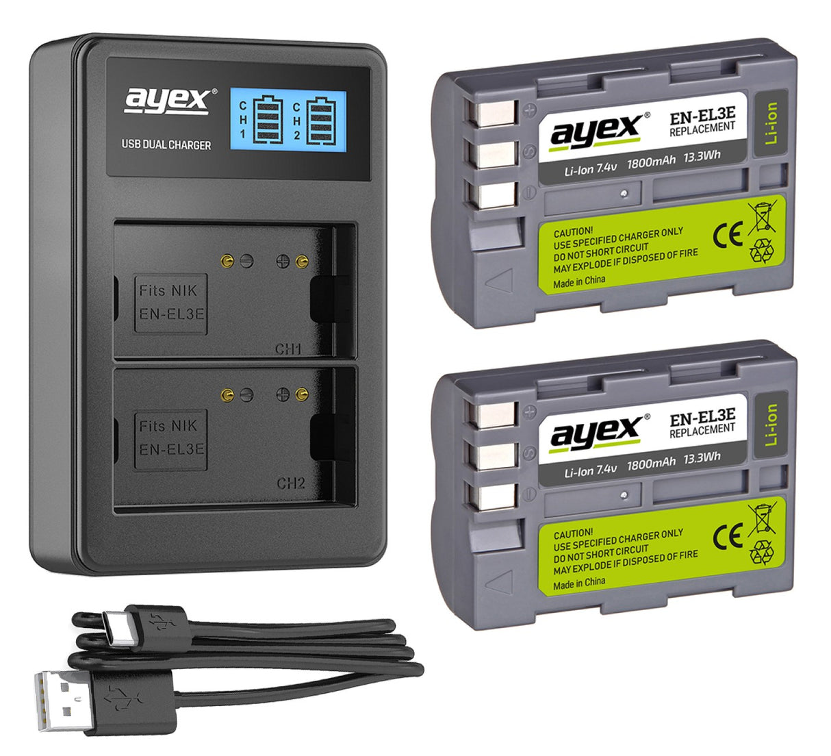 ayex Power Set mit 2x EN-EL3E Akku + 1x USB Dual Ladegerät für z.B. Nikon D700 D300s D200 D100 D90