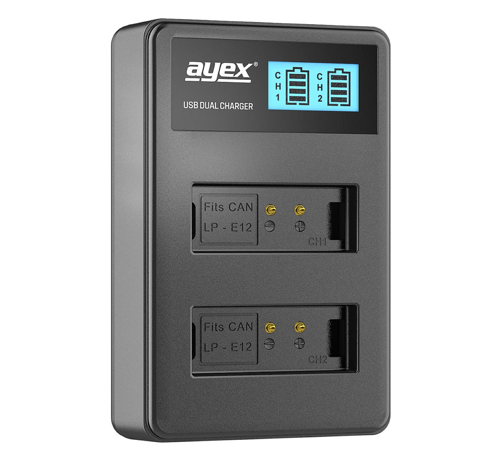 ayex Power Set mit 2x LP-E12 Akku für Canon + 1x USB Dual Ladegerät zB EOS M M200