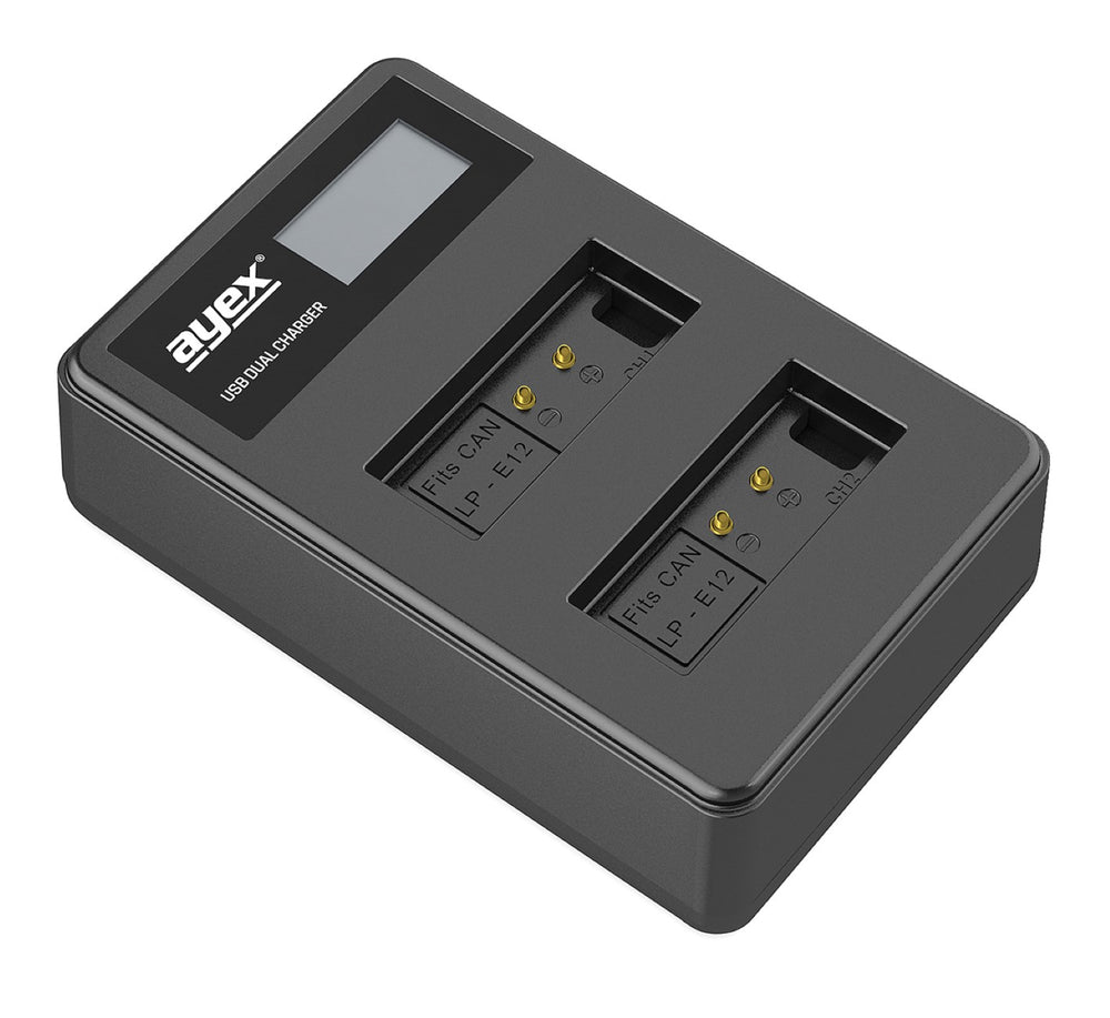 USB Dual Ladegerät für Canon LP-E12 Akkus beleuchtetes Display Ladestandanzeige