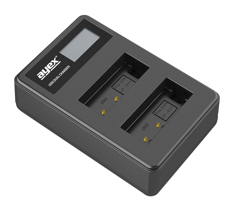 USB Dual Ladegerät für Canon LP-E17 Akkus beleuchtetes Display Ladestandanzeige