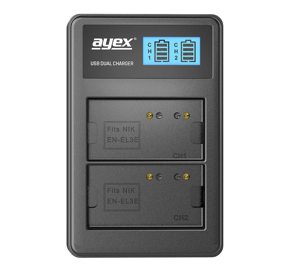 ayex Power Set mit 2x EN-EL3E Akku + 1x USB Dual Ladegerät für z.B. Nikon D700 D300s D200 D100 D90