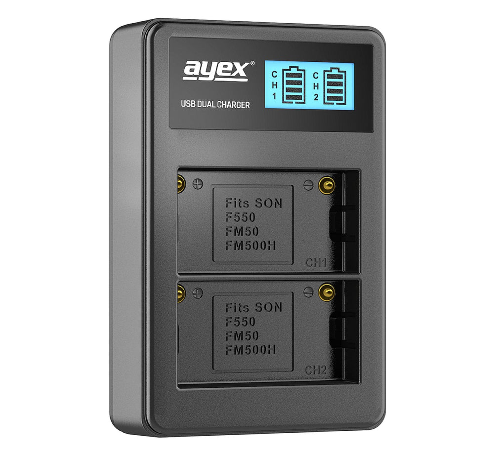 USB Dual Ladegerät für Sony NP-F550 NP-FM550H NP-FM50 Akkus beleuchtetes Display Ladestandanzeige