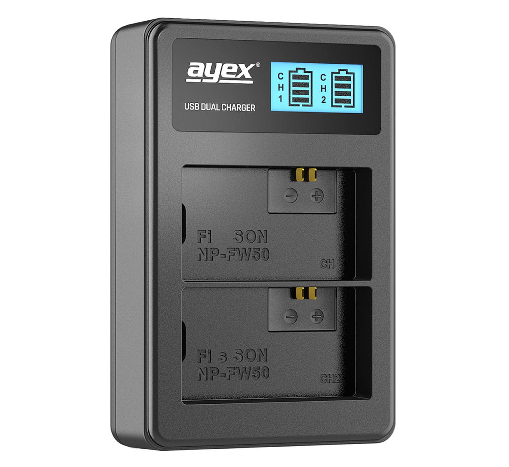 USB Dual Ladegerät für Sony NP-FW50 Akkus beleuchtetes Display Ladestandanzeige