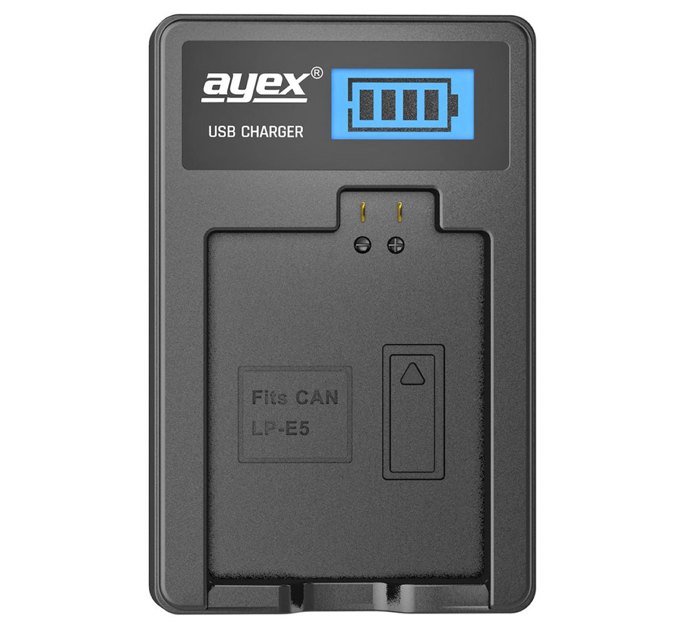 USB Ladegerät für Canon LP-E5 Akkus beleuchtetes Display Ladestandanzeige