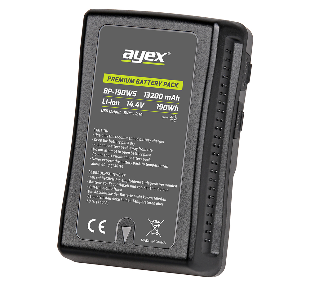 ayex V-Mount Premium Akku BP-190WS für Sony Camcorder - Für anspruchsvolle Einsätze geeignet - mit V-Mount-Mechanismus - 13200 mAh Kapazität