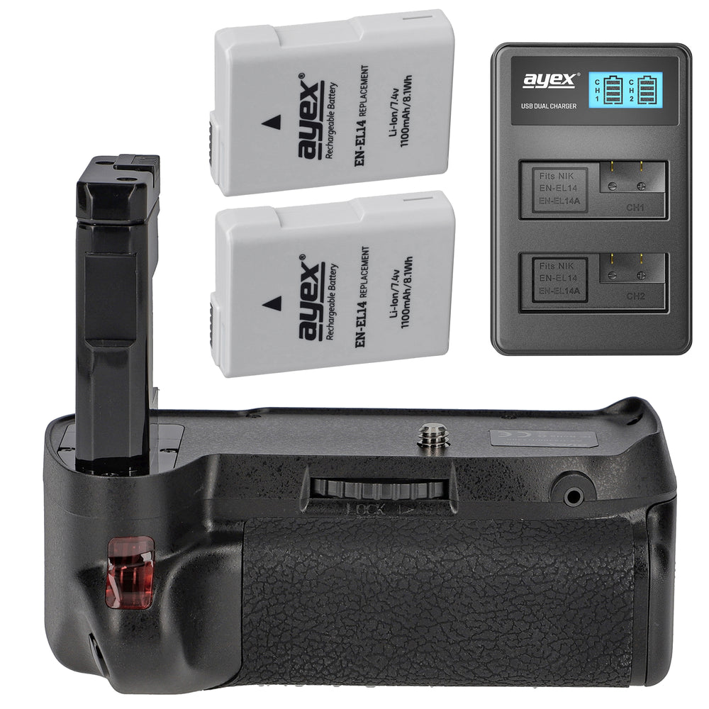 Batteriegriff-Set für Nikon D3200, D3100 + 2x EN-EL14 Akku + USB Dual- Ladegerät