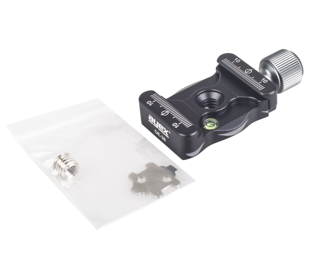 ayex Universale QR-Klemme Schnellspannklemme 3/8" Zoll + 1/4" Zoll Adapter Arca-Swiss kompatibel präzise eloxiertes Aluminium 38mm breit DE-38
