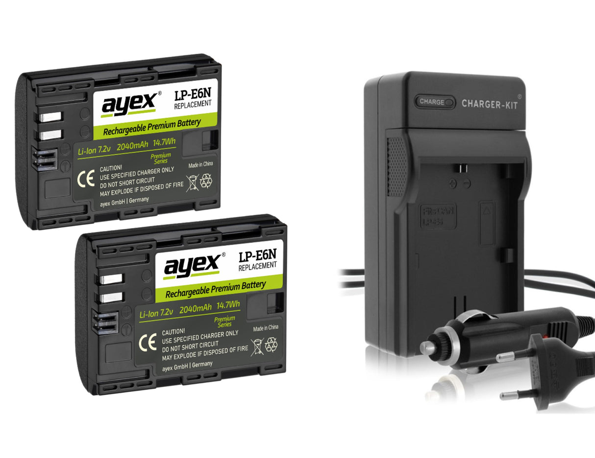 ayex Power Set mit 2x LP-E6N Akku + USB-Ladegerät inkl. Kfz-Ladekabel für zB Canon EOS R 90D