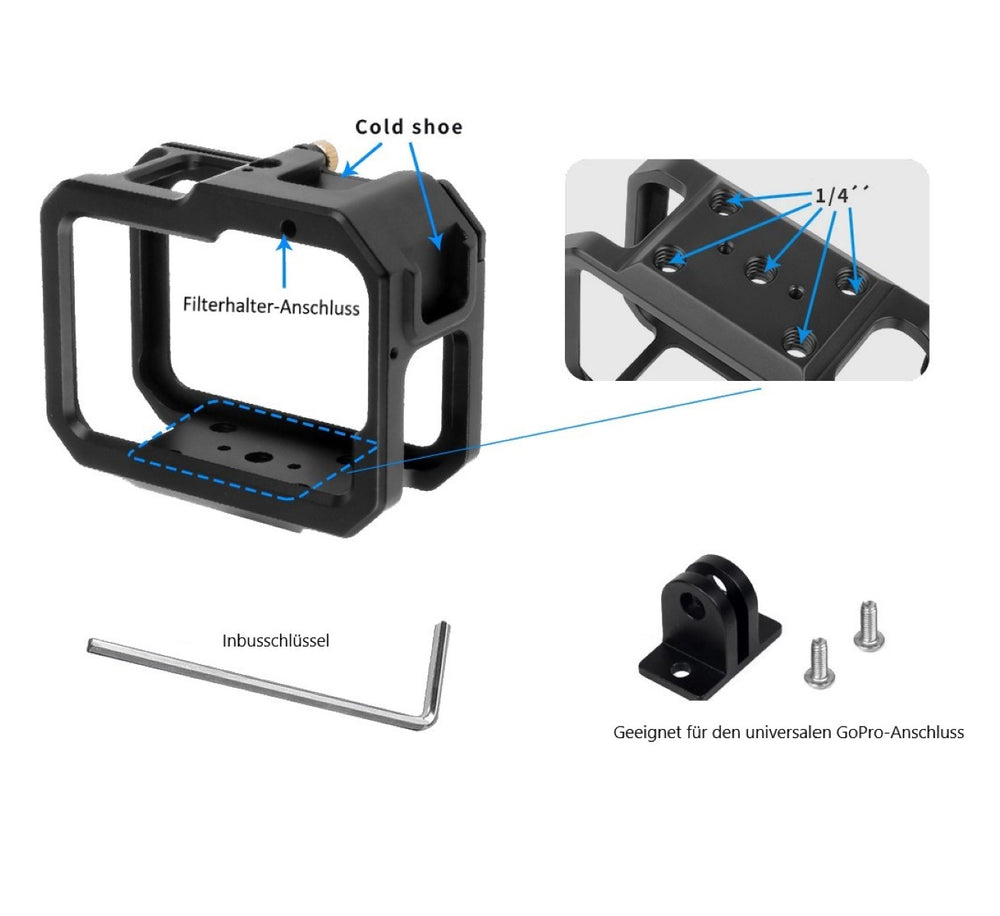 Schutzgehäuse Schutzrahmen Cage Passend für GoPro Hero 9 10 & 11 2 Hot-Shoe-Anschlüsse Schieberahmen Aluminium