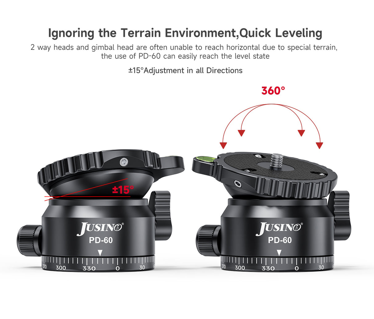 JUSINO Stativ-Nivellierbasis Neigekopf mit 360° Panorama-Funktion und ±15° Neigung PD-60
