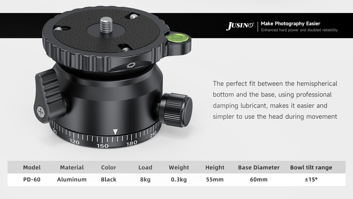 JUSINO Stativ-Nivellierbasis Neigekopf mit 360° Panorama-Funktion und ±15° Neigung PD-60