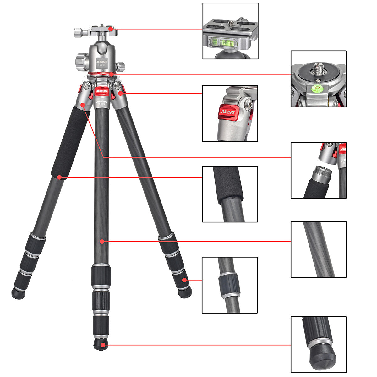JUSINO Leichtes Karbon Fotostativ mit Kugelkopf Stativ bis 130cm 15kg AF-284C FGS-36