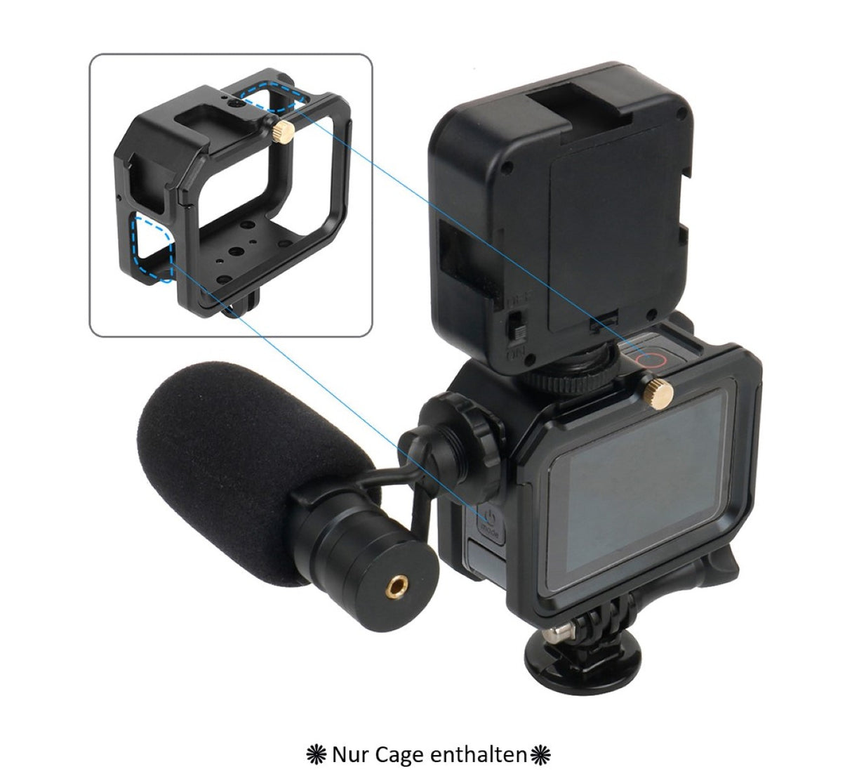 Schutzgehäuse Schutzrahmen Cage Passend für GoPro Hero 9 10 & 11 2 Hot-Shoe-Anschlüsse Schieberahmen Aluminium